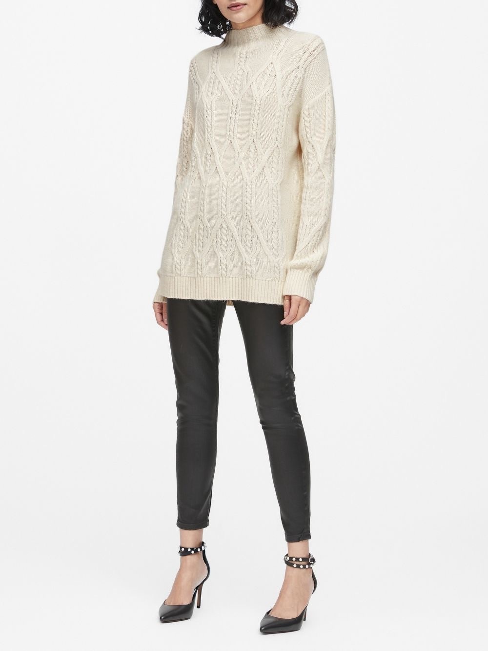 Women’s Cream White Cable-Knit Mock Neck Sweater Tunic